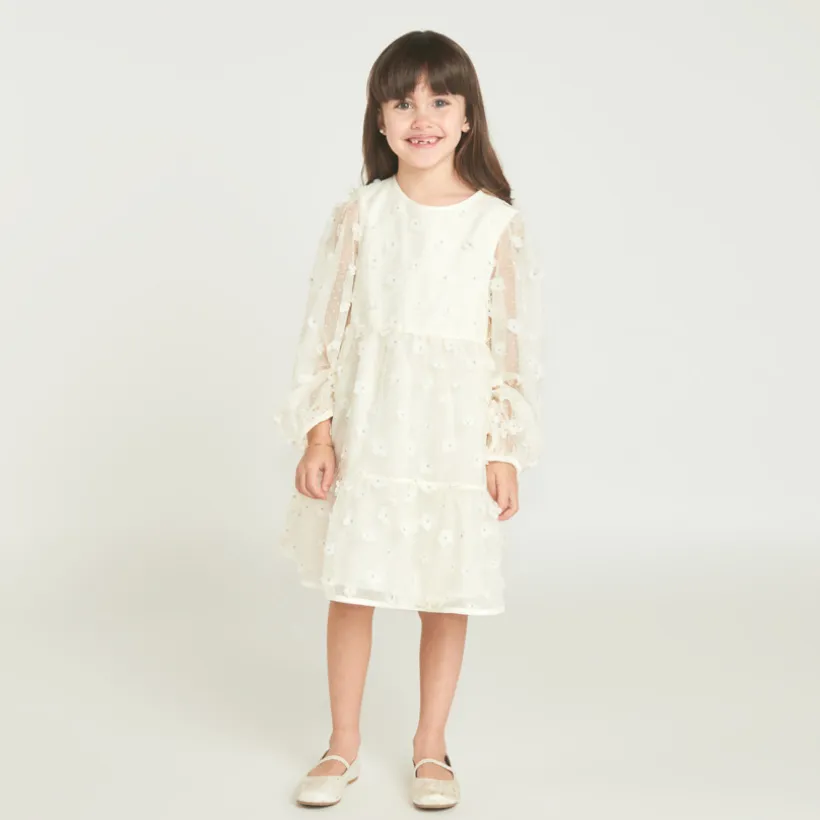 Robe à manches longues en toile avec fleurs 3D pour fille