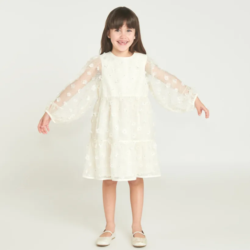 Robe à manches longues en toile avec fleurs 3D pour fille