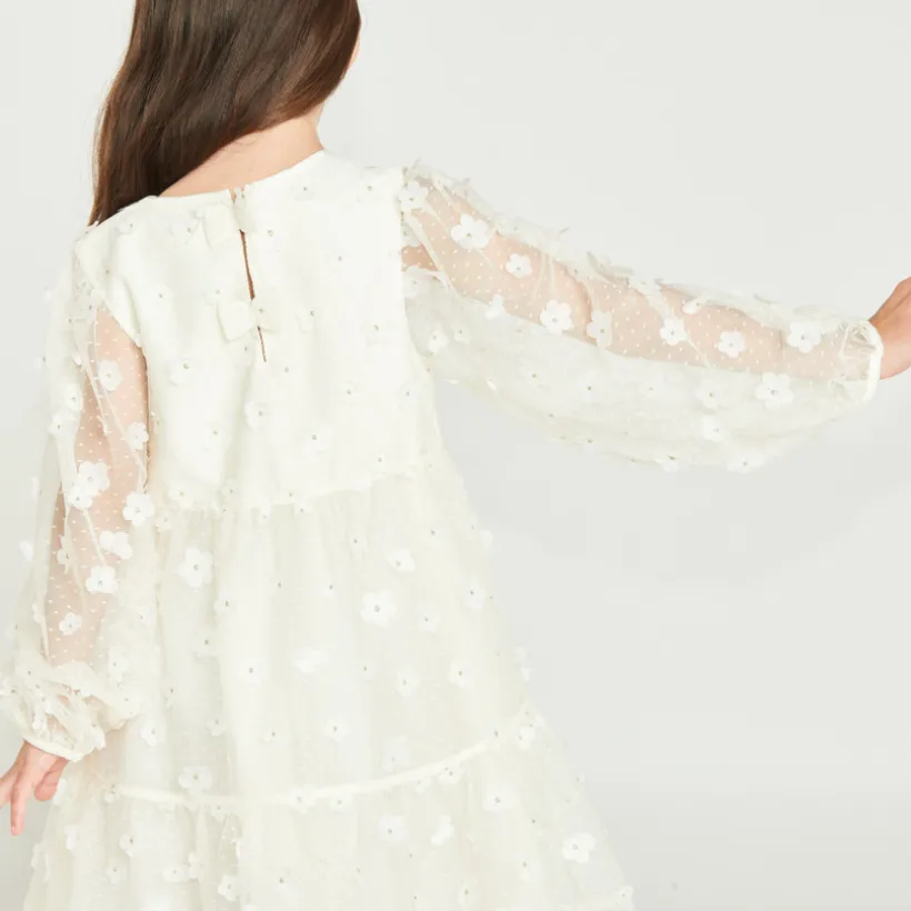 Robe à manches longues en toile avec fleurs 3D pour fille