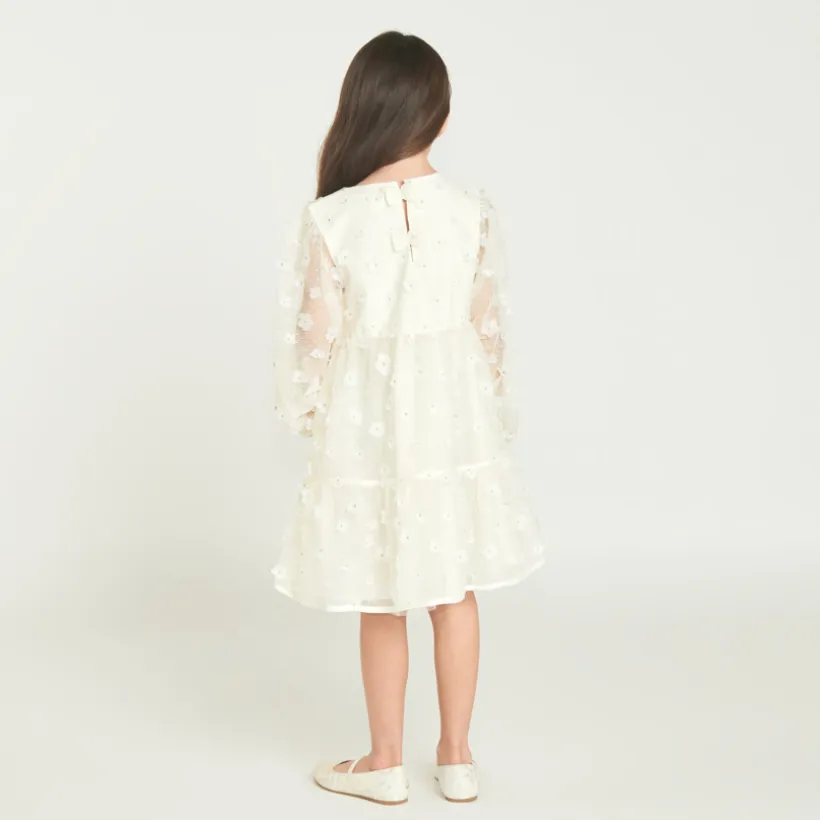Robe à manches longues en toile avec fleurs 3D pour fille