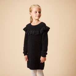 Robe manches longues en tricot pelucheux volanté pour fille