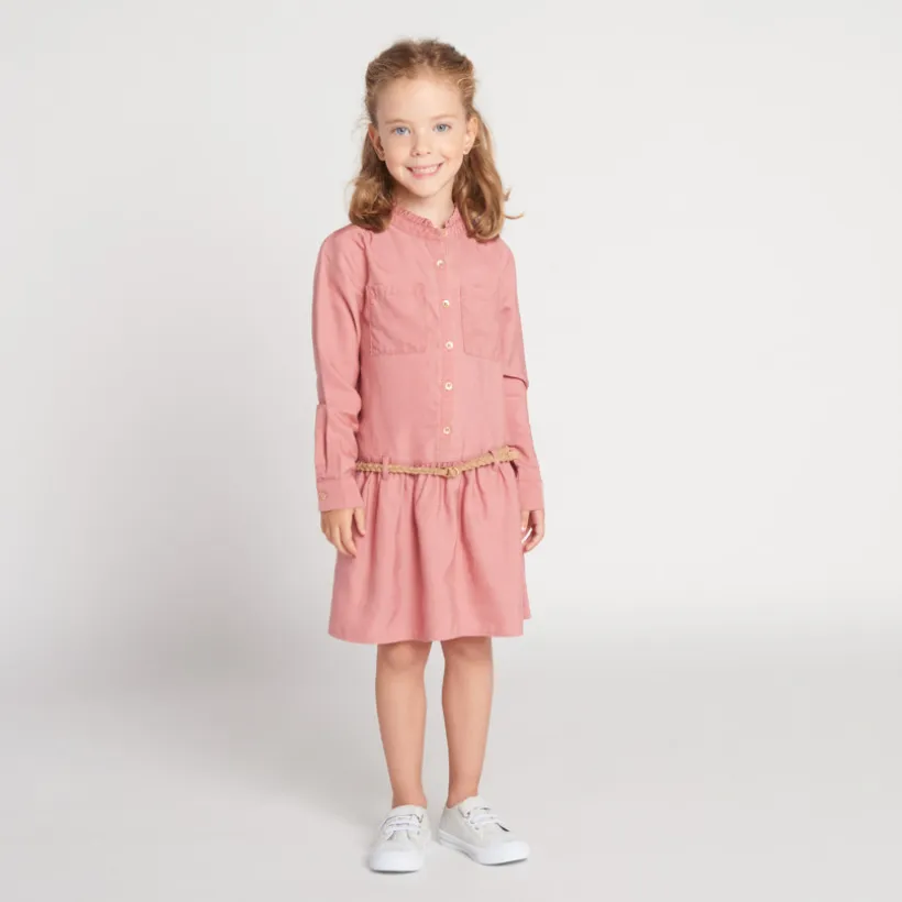 Robe manches longues style chemise avec ceinture tressé pour fille