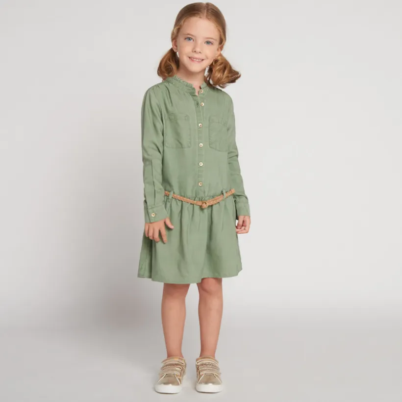 Robe manches longues style chemise + ceinture pour fille