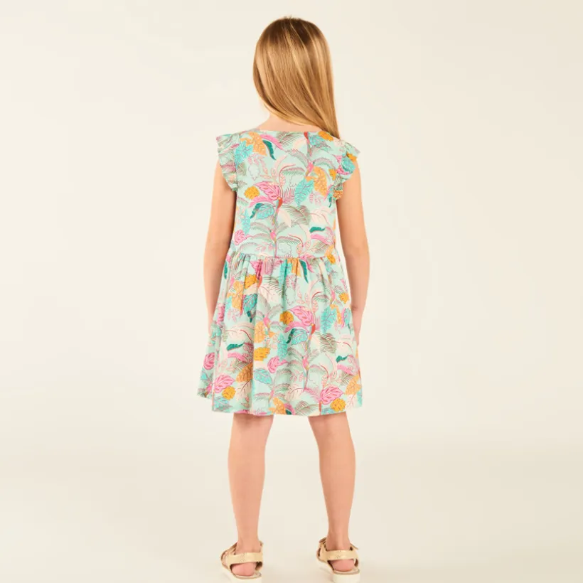 Robe manches volantées en voile imprimé tropical pour fille