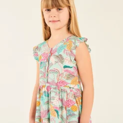 Robe manches volantées en voile imprimé tropical pour fille