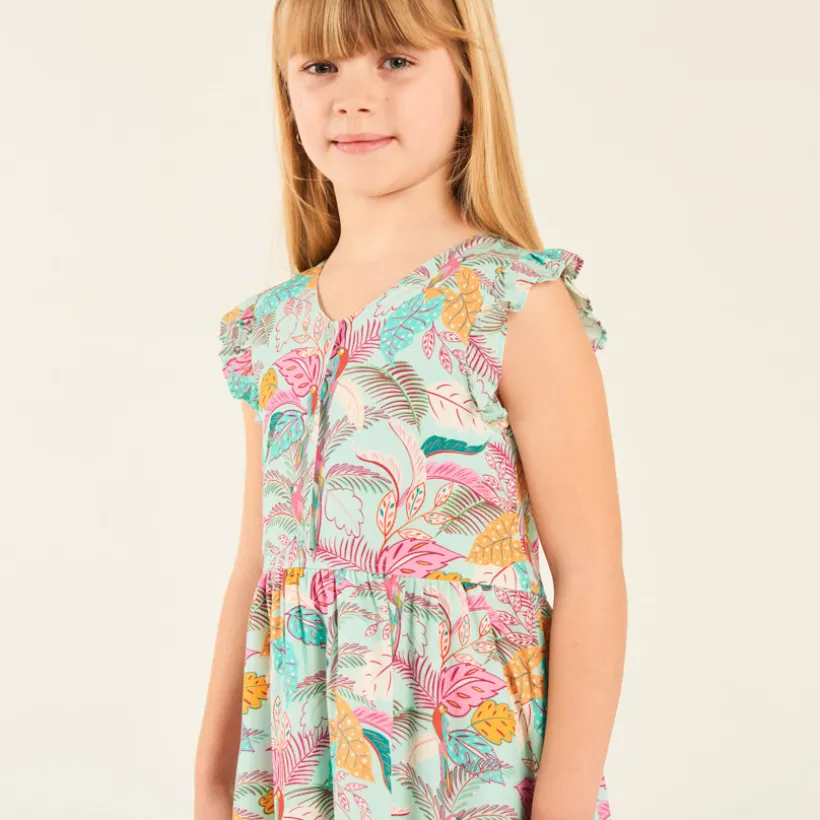 Robe manches volantées en voile imprimé tropical pour fille