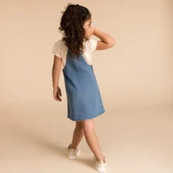 Robe salopette uni en denim avec poches pour fille