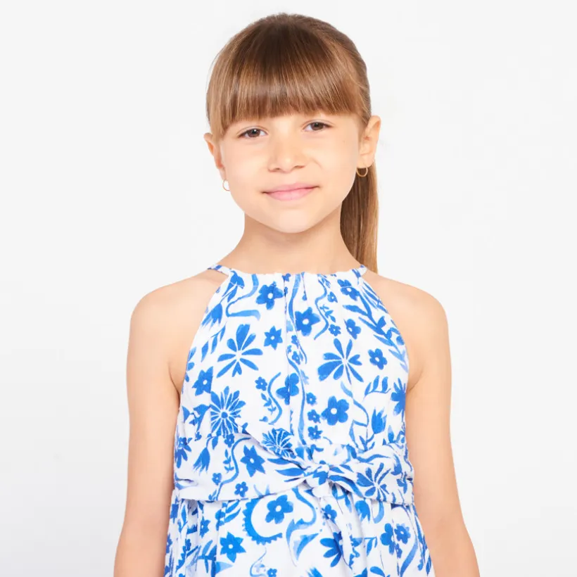 Robe sans manches imprimée fleurs avec taille nouée pour fille