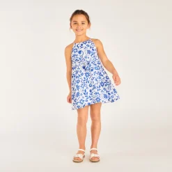 Robe sans manches imprimée fleurs avec taille nouée pour fille