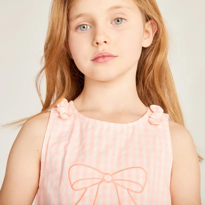 Robe sans manches vichy avec nœud brodé pour fille