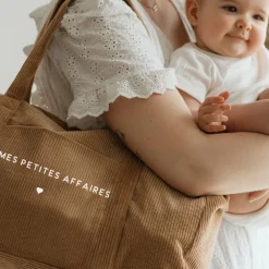 Sac de voyage en velours côtelé "Mes petites affaires" marron clair
