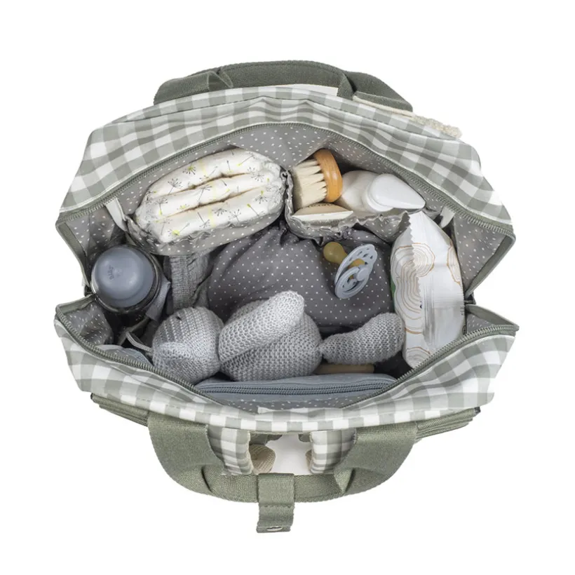 Sac à dos à langer motif carreaux Caetana stone + tapis