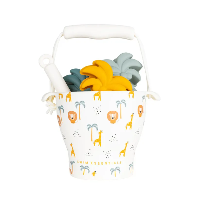 Seau de plage avec pelle et 3 moules en silicone Jungle