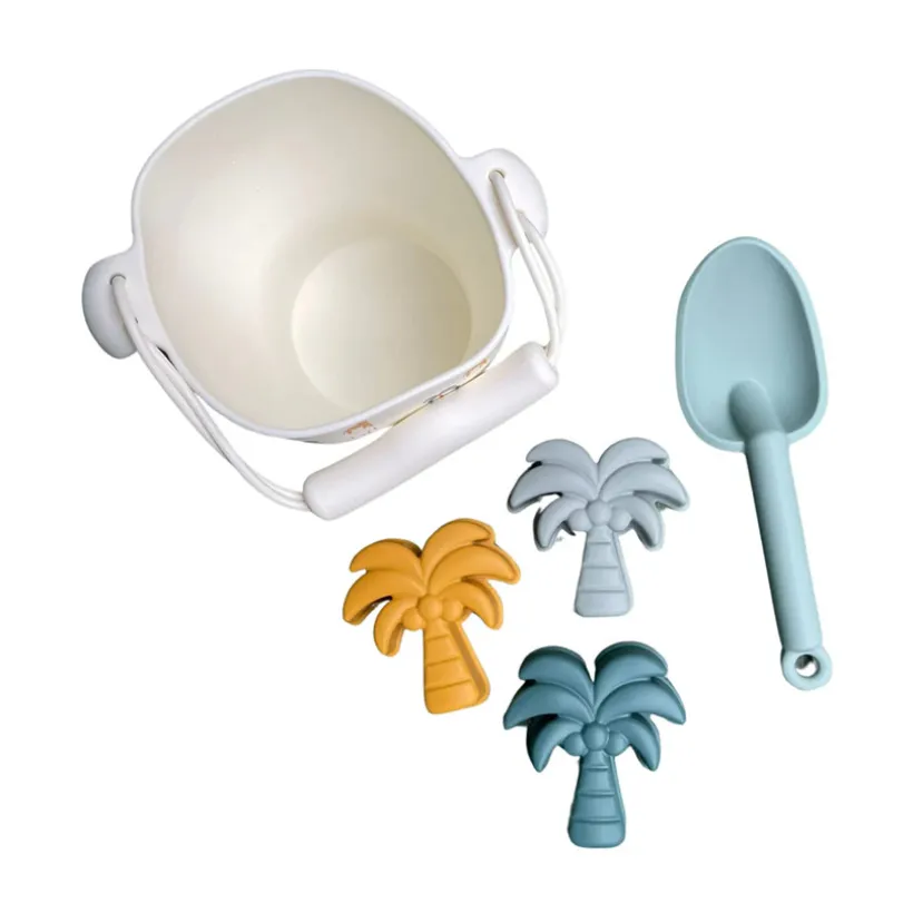 Seau de plage avec pelle et 3 moules en silicone Jungle