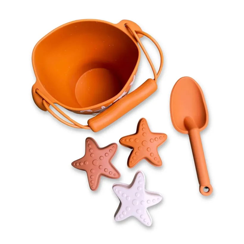 Seau de plage avec pelle et 3 moules en silicone Étoiles de mer