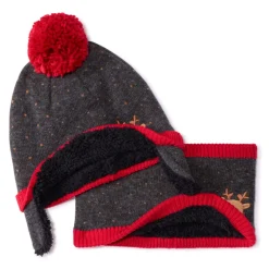 Set bonnet + snood avec pompon et reine brodé pour bébé garçon