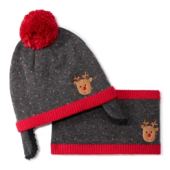 Set bonnet + snood avec pompon et reine brodé pour bébé garçon