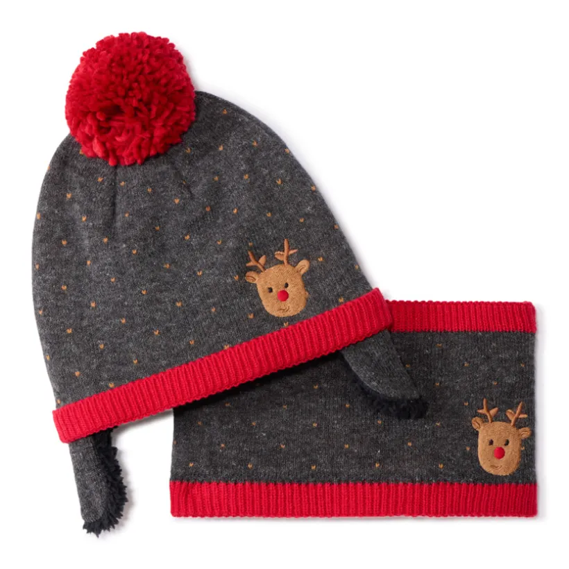 Set bonnet + snood avec pompon et reine brodé pour bébé garçon