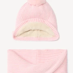 Set bonnet + snood tricot côte assortie doublé sherpa pour fille