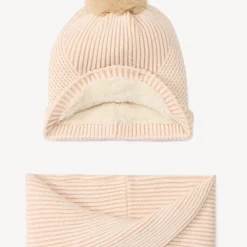 Set bonnet + snood tricot côte assortie doublé sherpa pour fille