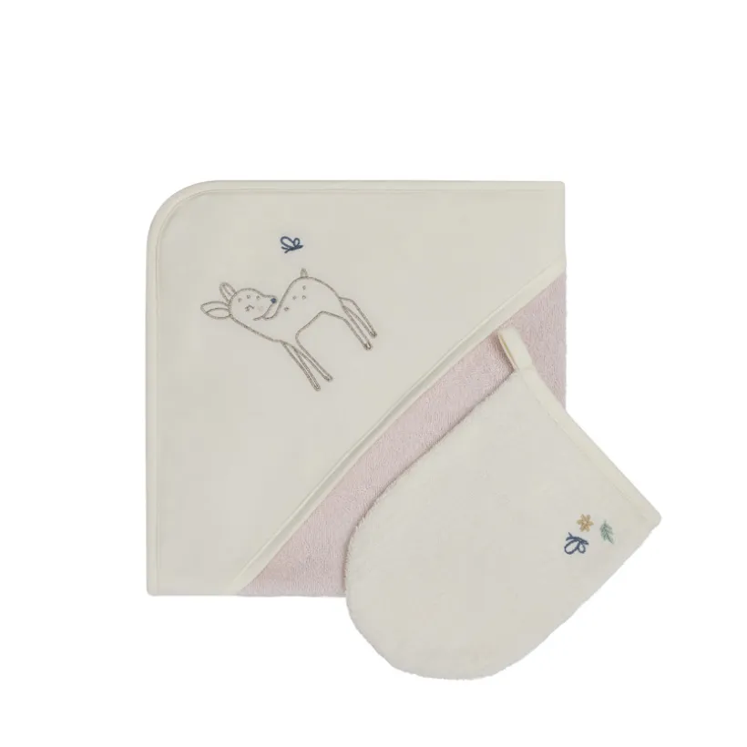 Set de bain avec cape et gant de toilette Little Deer écru/rose
