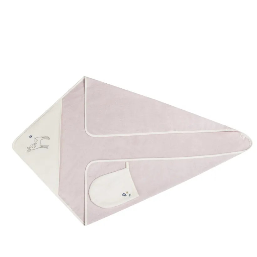 Set de bain avec cape et gant de toilette Little Deer écru/rose