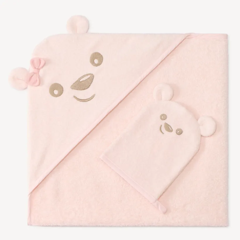Set de bain cape + gant ourson bébé fille