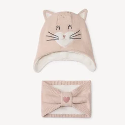 Set en tricot bonnet ludique chat + snood pour bébé fille