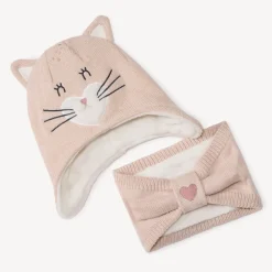 Set en tricot bonnet ludique chat + snood pour bébé fille