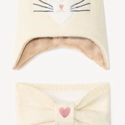 Set en tricot bonnet ludique chat + snood pour bébé fille