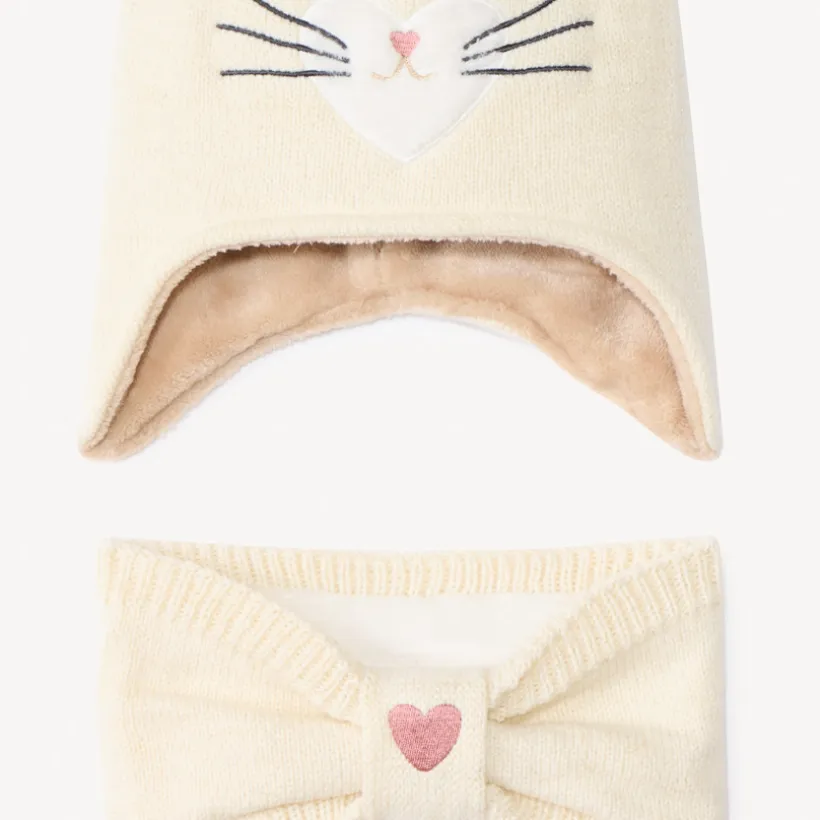 Set en tricot bonnet ludique chat + snood pour bébé fille