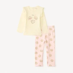 Set 2 pièces de pyjama t-shirt + pantalon motif breakfast pour bébé fille avec finitions différentes selon l'âge