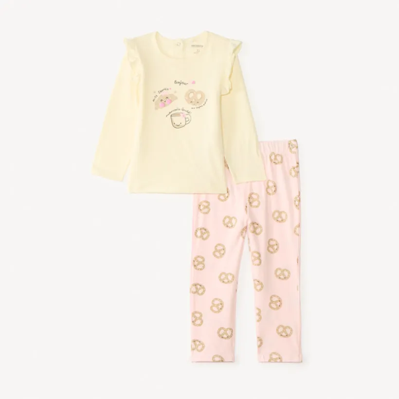 Set 2 pièces de pyjama t-shirt + pantalon motif breakfast pour bébé fille avec finitions différentes selon l'âge