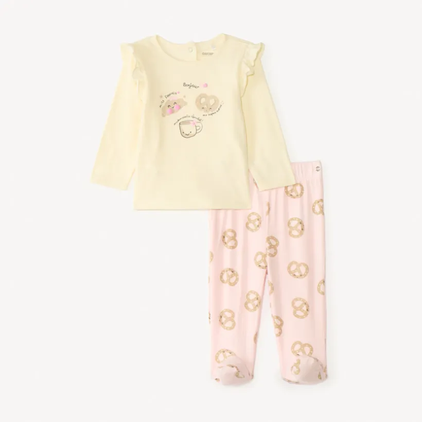 Set 2 pièces de pyjama t-shirt + pantalon motif breakfast pour bébé fille avec finitions différentes selon l'âge