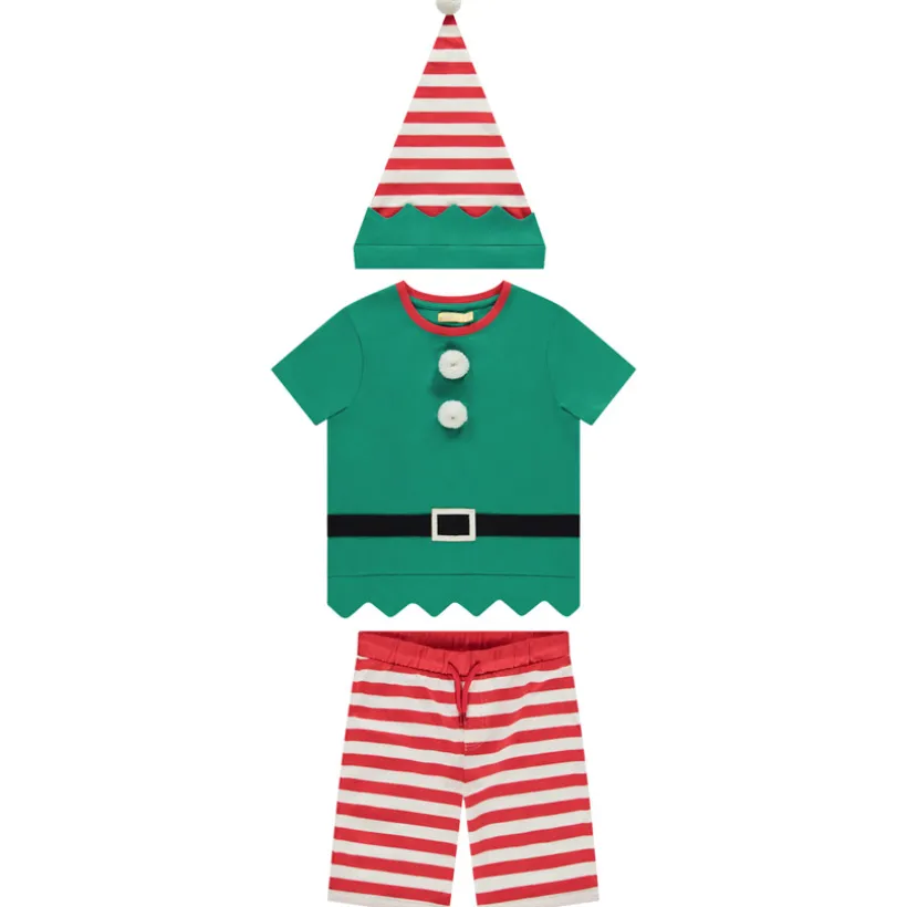Set 2 pièces lutin de Noël t-shirt + short avec bonnet pour garçon