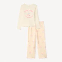 Set pyjama long côtelé motifs cerises/cœurs pour fille