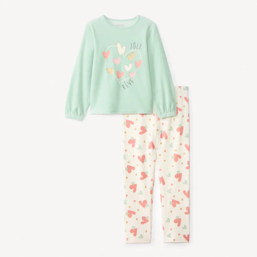 Set pyjama 2 pièces en velours cœurs fantaisies pour fille