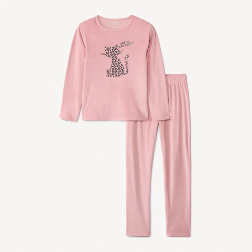 Set pyjama 2 pièces uni rose en micropolaire pour fille