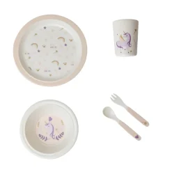 Set repas 5 pièces en mélamine Licorne rose/écru