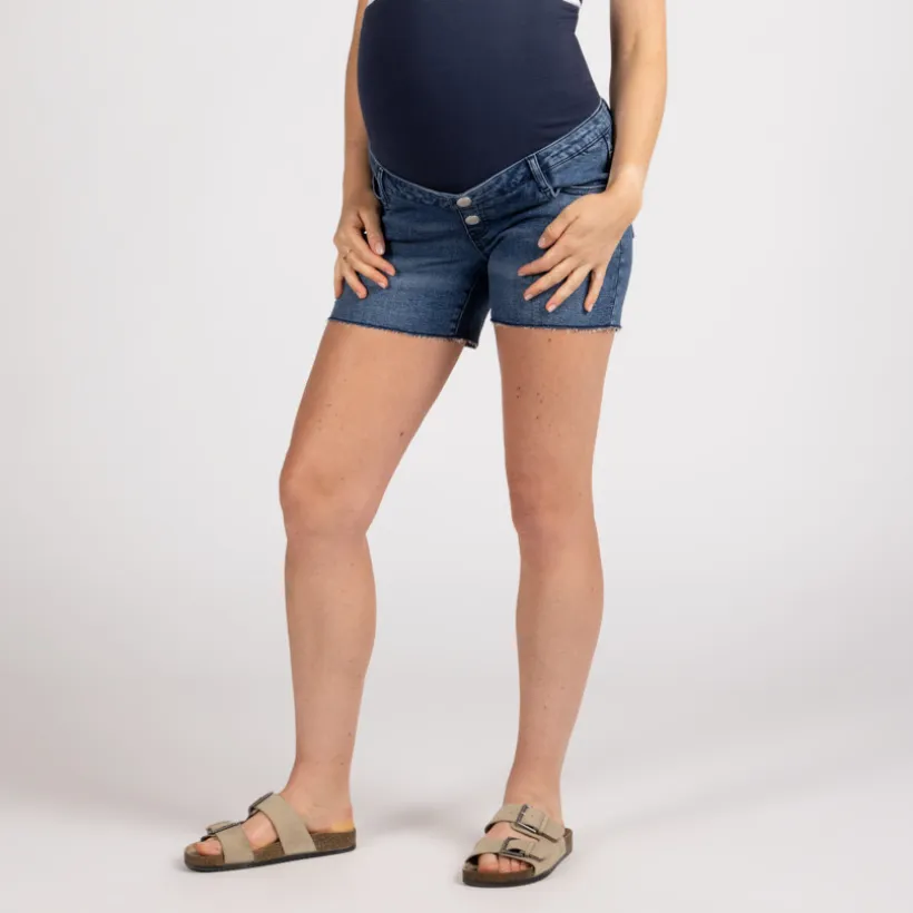 Short de grossesse en jean effet usé avec bandeau haut