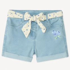 Short en denim avec broderie fruit + ceinture à nouer pour bébé fille