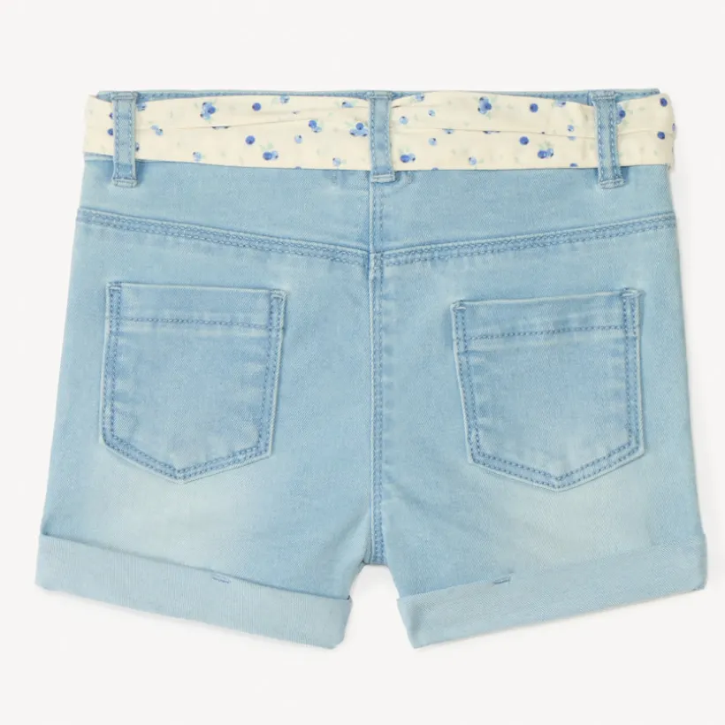 Short en denim avec broderie fruit + ceinture à nouer pour bébé fille