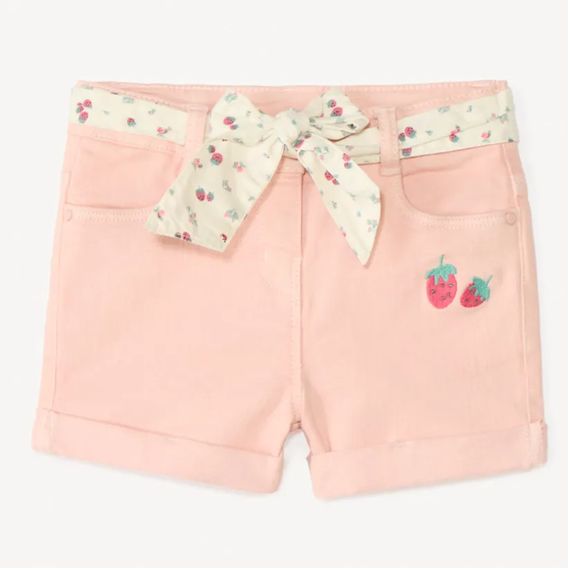 Short en denim avec broderie fruit + ceinture à nouer pour bébé fille