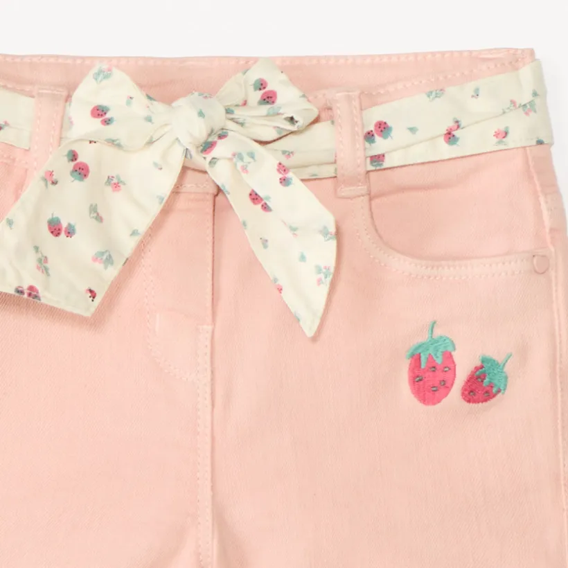 Short en denim avec broderie fruit + ceinture à nouer pour bébé fille