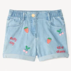 Short en jean broderie fraises et cerises pour fille
