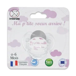 Sucette d'annonce en silicone 0-6M "Ma p'tite sœur arrive !"