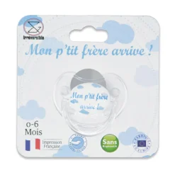 Sucette d'annonce en silicone 0-6M "Mon p'tit frère arrive !"
