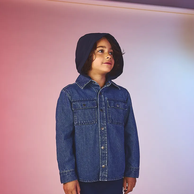 Surchemise en denim brodé et capuche amovible pour garçon