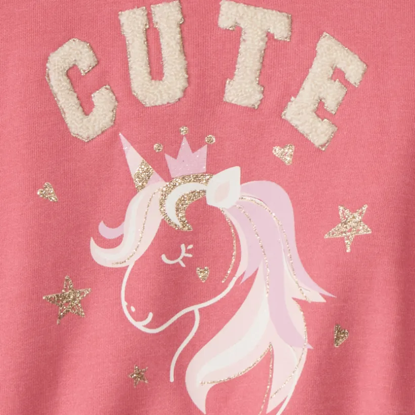 Sweat molleton glitter print licorne et broderie pour bébé fille