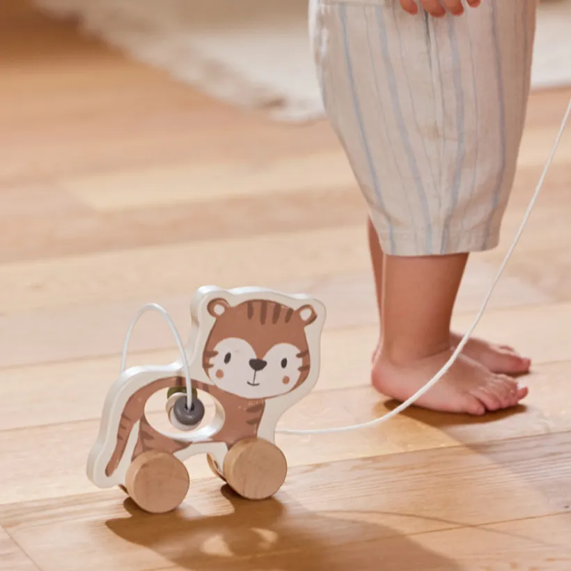Tigre en bois à trainer avec boulier intégré